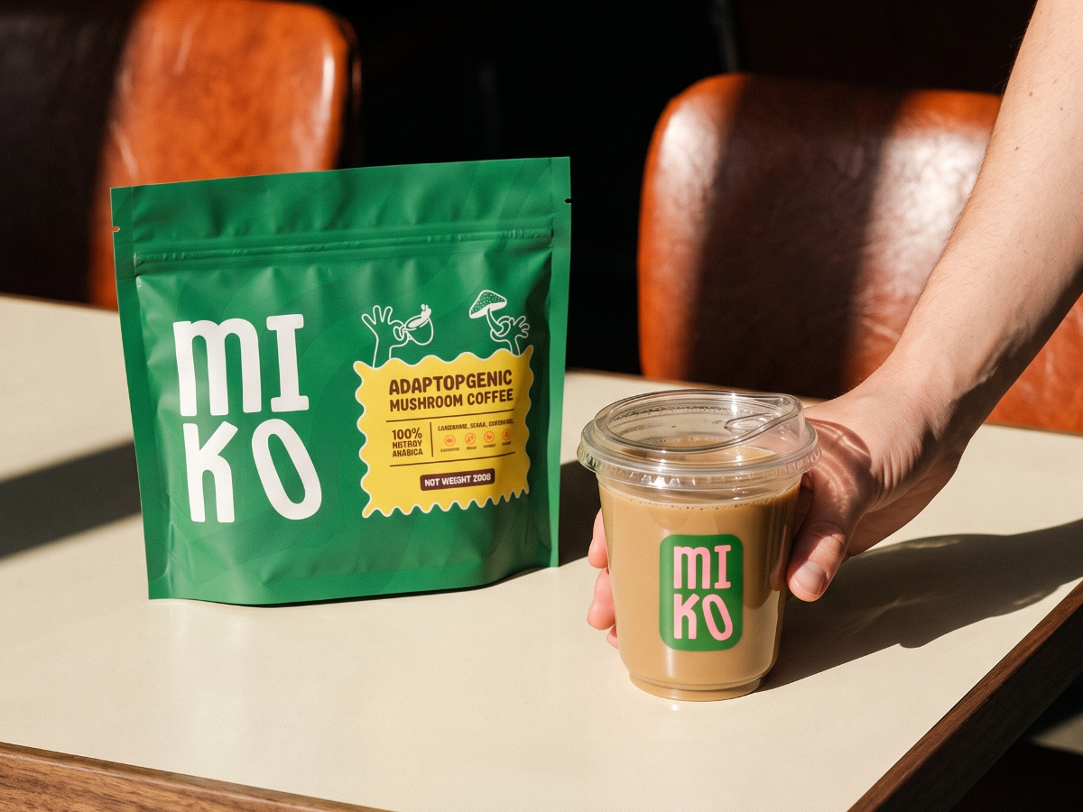 A bag of Miko adaptogenic mushroom coffee and an iced coffee on a café table