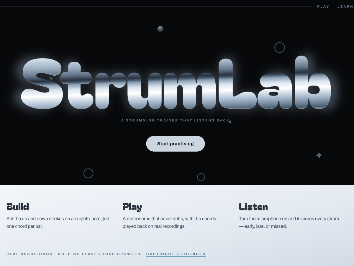 StrumLab landing page, a strumming trainer that listens back